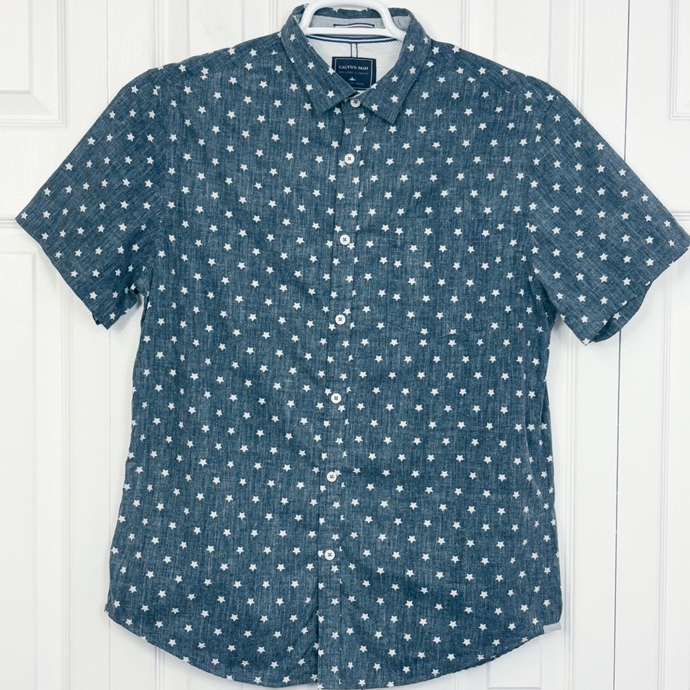 Cactus Man Blue Denim Patriotic Star Print Slim Button Down Shirt Large